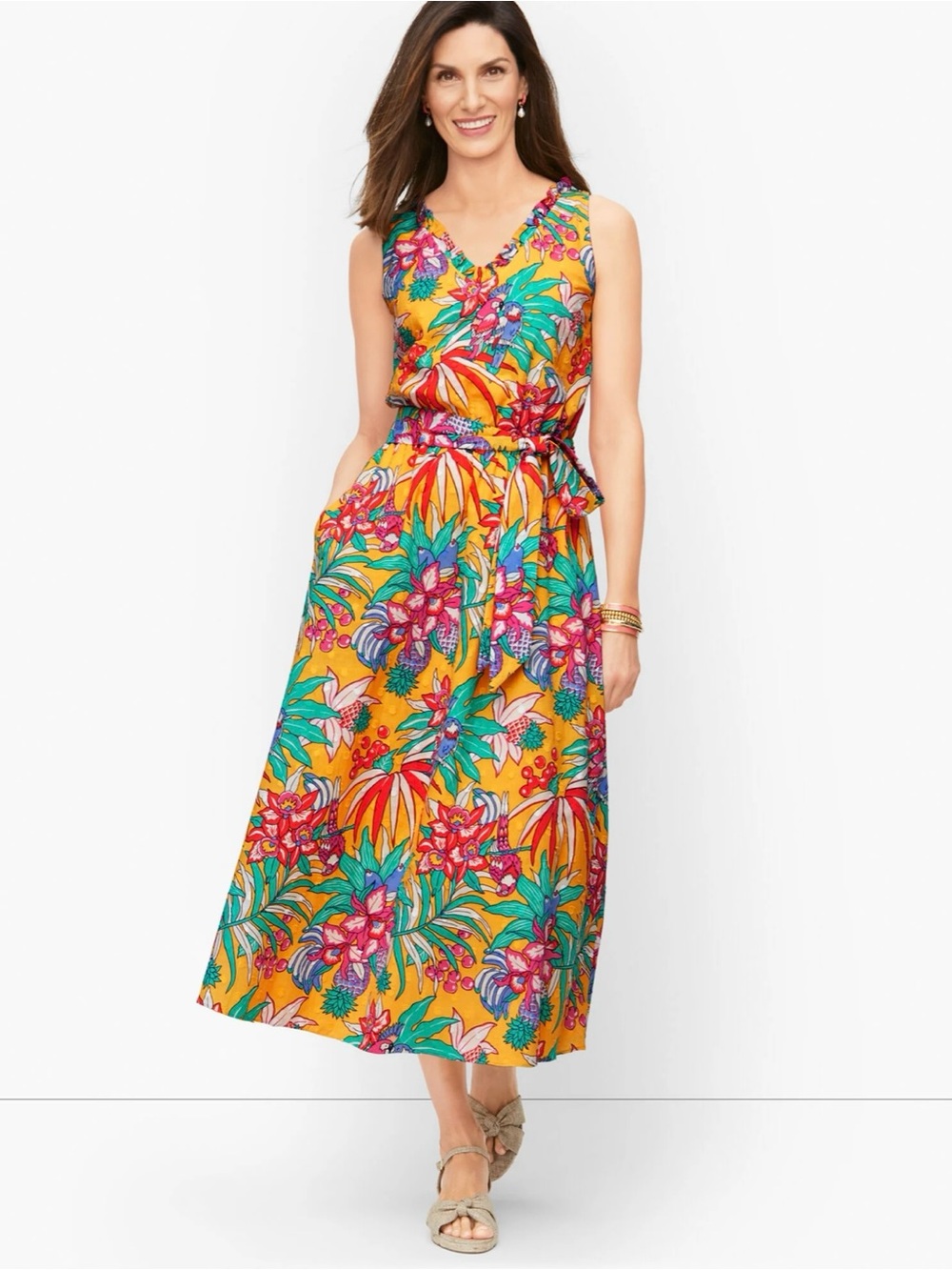 Yellow Tropical Floral Talbots Cotton Sleeveless Midi Dress